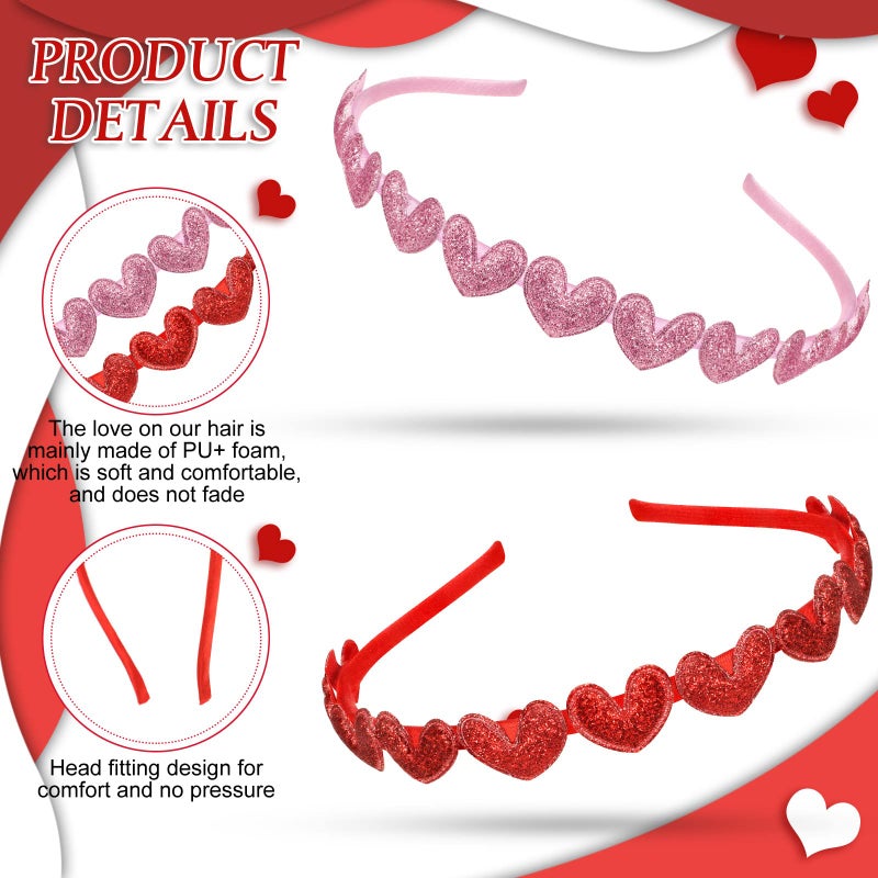 ميتلي قطعتان من عصابات الرأس اللامعة على شكل قلوب لعيد الحب، عصابة رأس لطيفة على شكل قلب باللونين الأحمر والوردي، ربطة شعر كيوبيد لامعة ومرنة، إكسسوارات شعر على شكل قلب حب للأطفال والفتيات والمراهقات في عيد الحب - Image 3